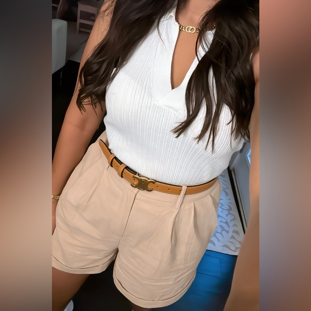 Tan High Waist Plicated Detail Roll Up Hem Shorts - Picture 7 of 8